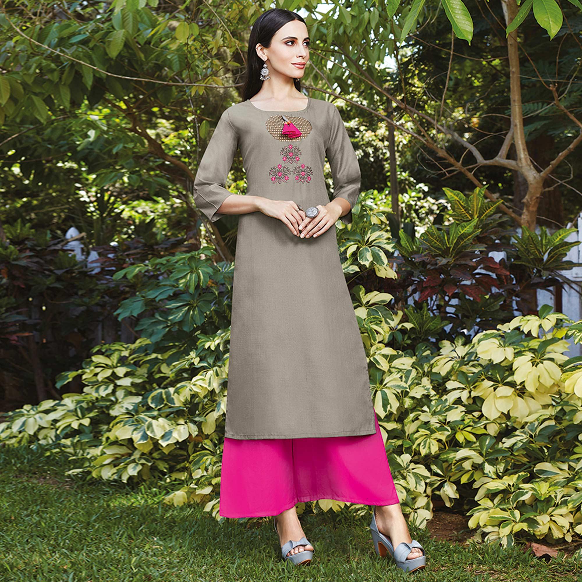 Attractive Grey Colored Casual Wear Embroidered Cotton Sulb Kurti - Peachmode