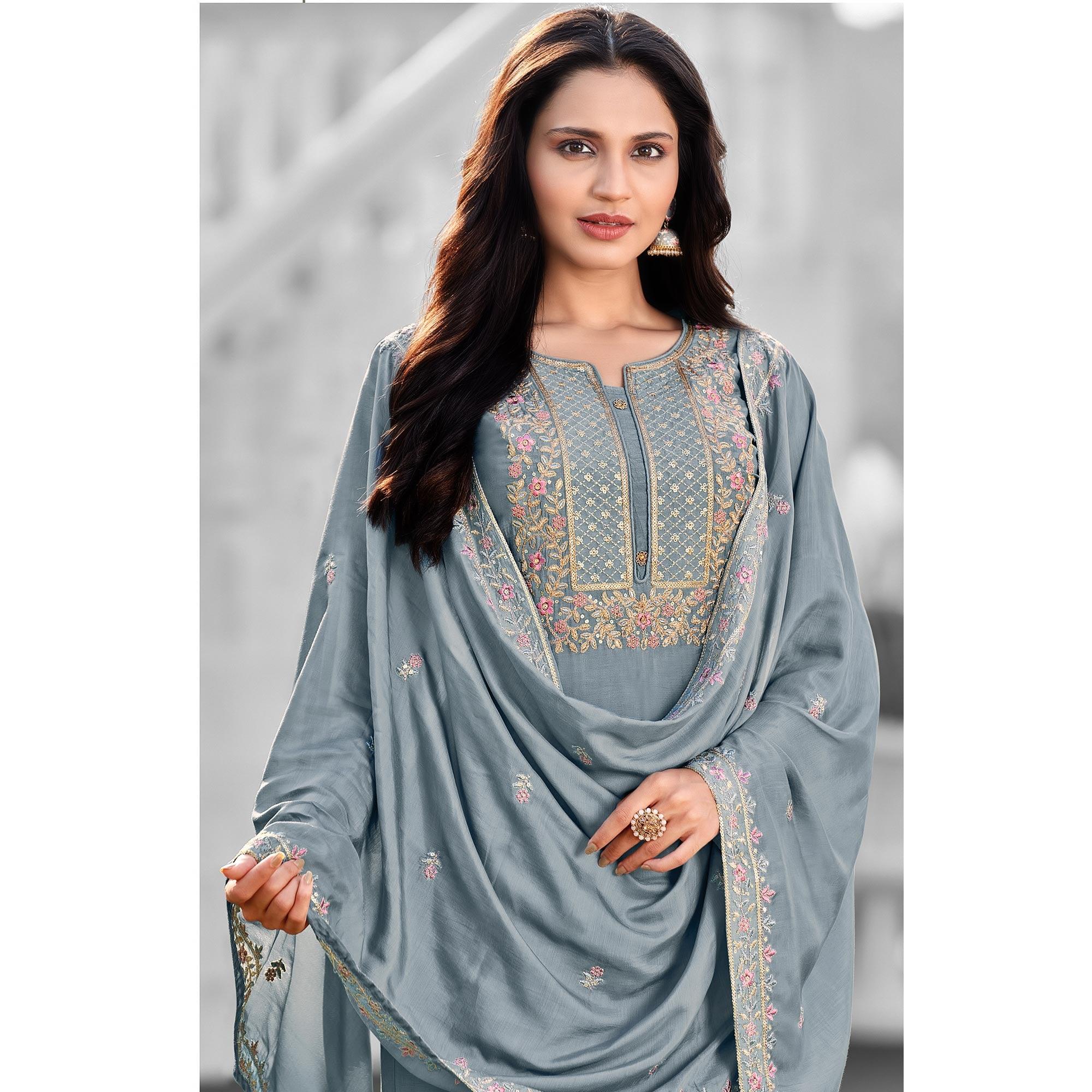 Attractive Grey Colored Festive Wear Embroidered Art Silk Dress Material - Peachmode