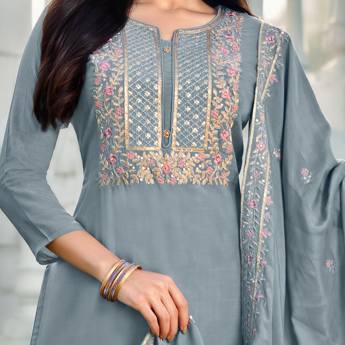 Attractive Grey Colored Festive Wear Embroidered Art Silk Dress Material - Peachmode