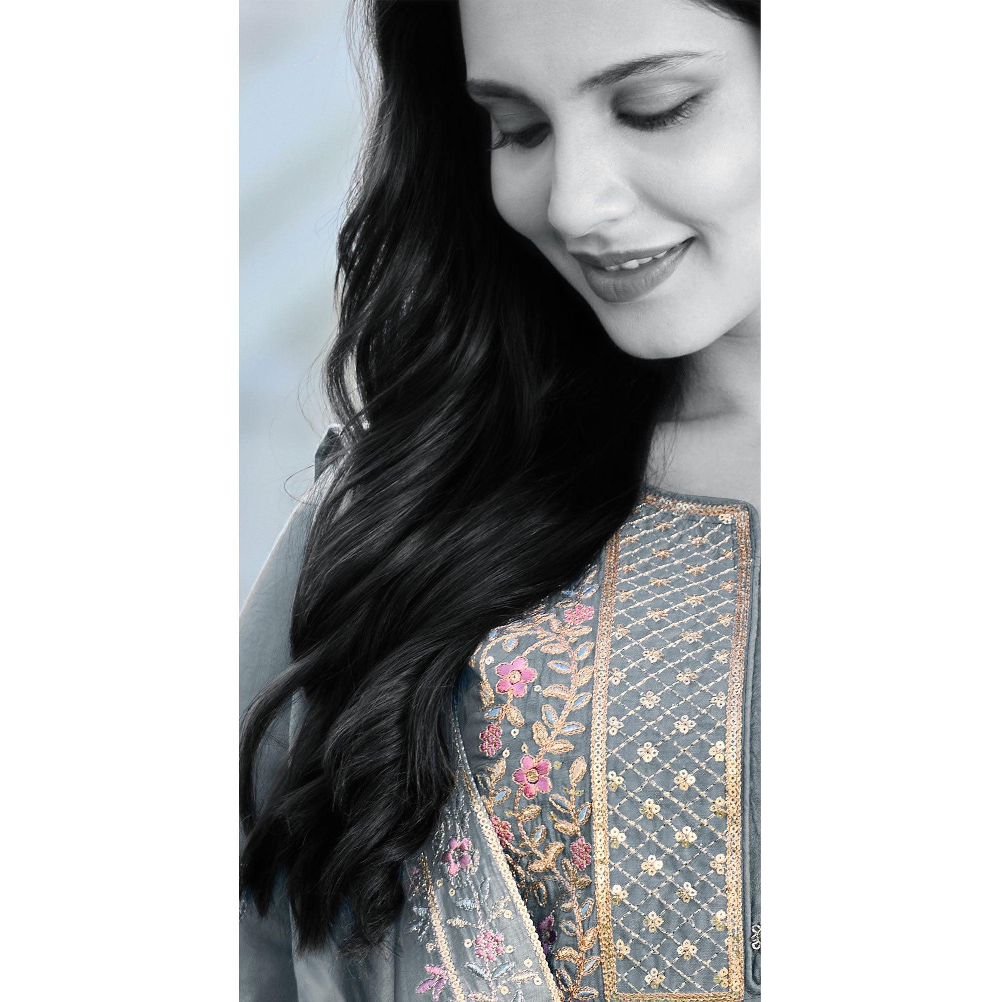 Attractive Grey Colored Festive Wear Embroidered Art Silk Dress Material - Peachmode