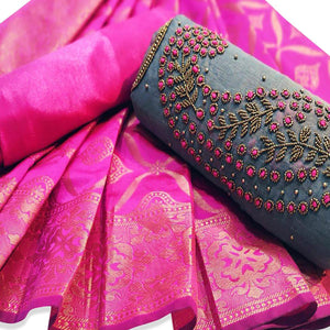 Attractive Grey Embroidered Chanderi Dress Material - Peachmode