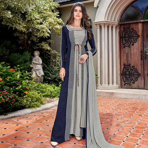 Attractive Grey-Navy Blue Colored Partywear Embroidered Crepe Top-Palazzo Set With Long Jacket - Peachmode