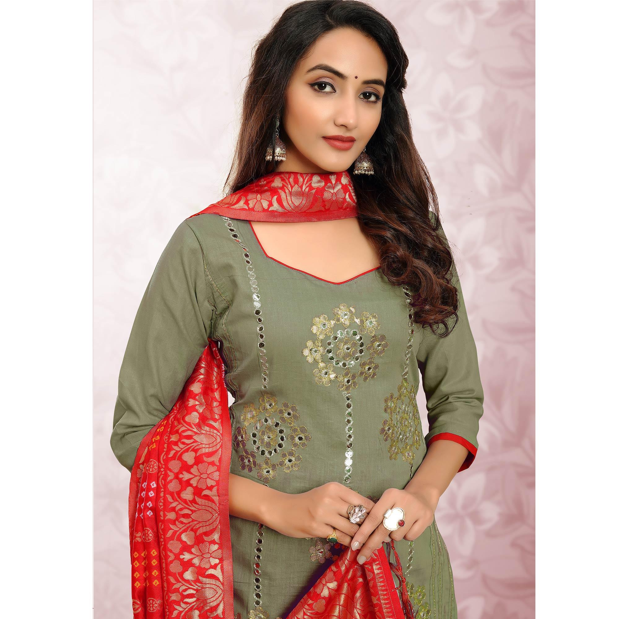 Attractive Light Olive Green Colored Festive Wear Embroidered Heavy Cotton Dress Material - Peachmode