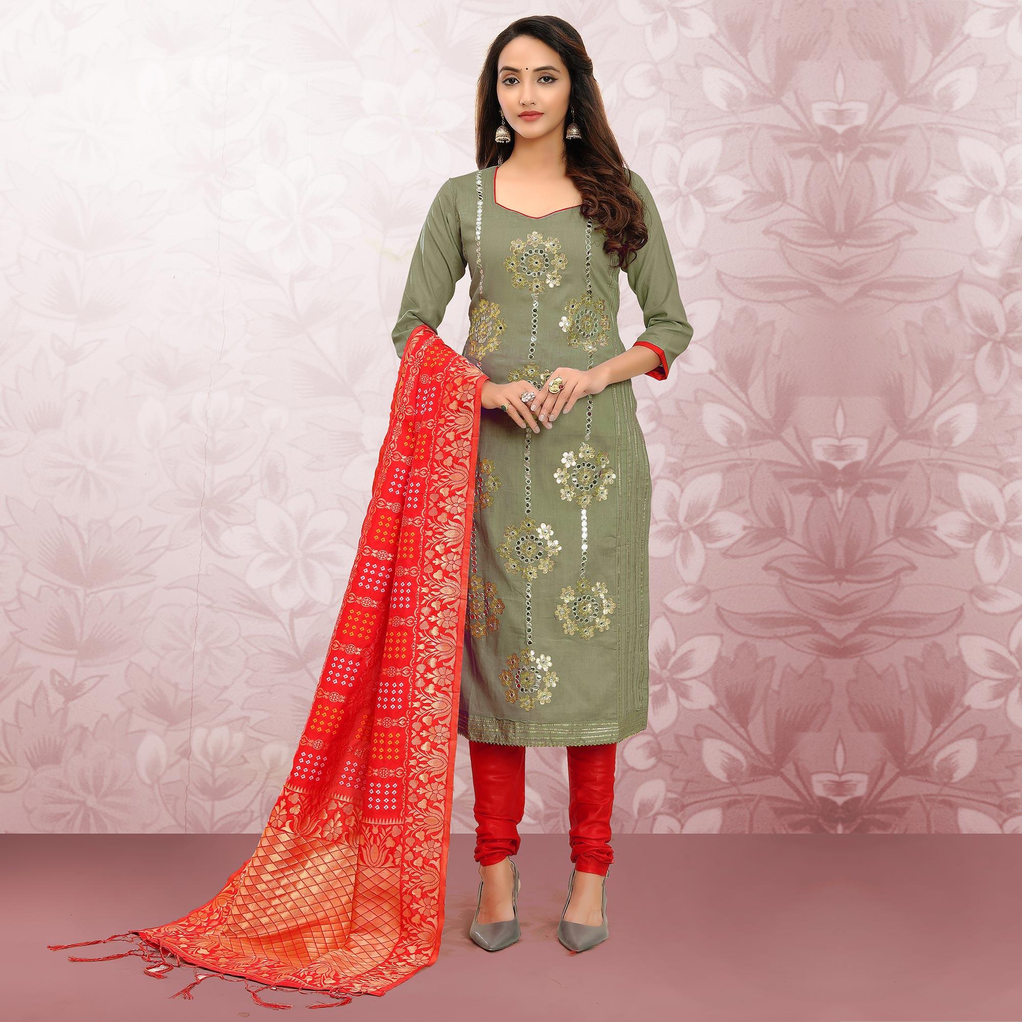 Attractive Light Olive Green Colored Festive Wear Embroidered Heavy Cotton Dress Material - Peachmode