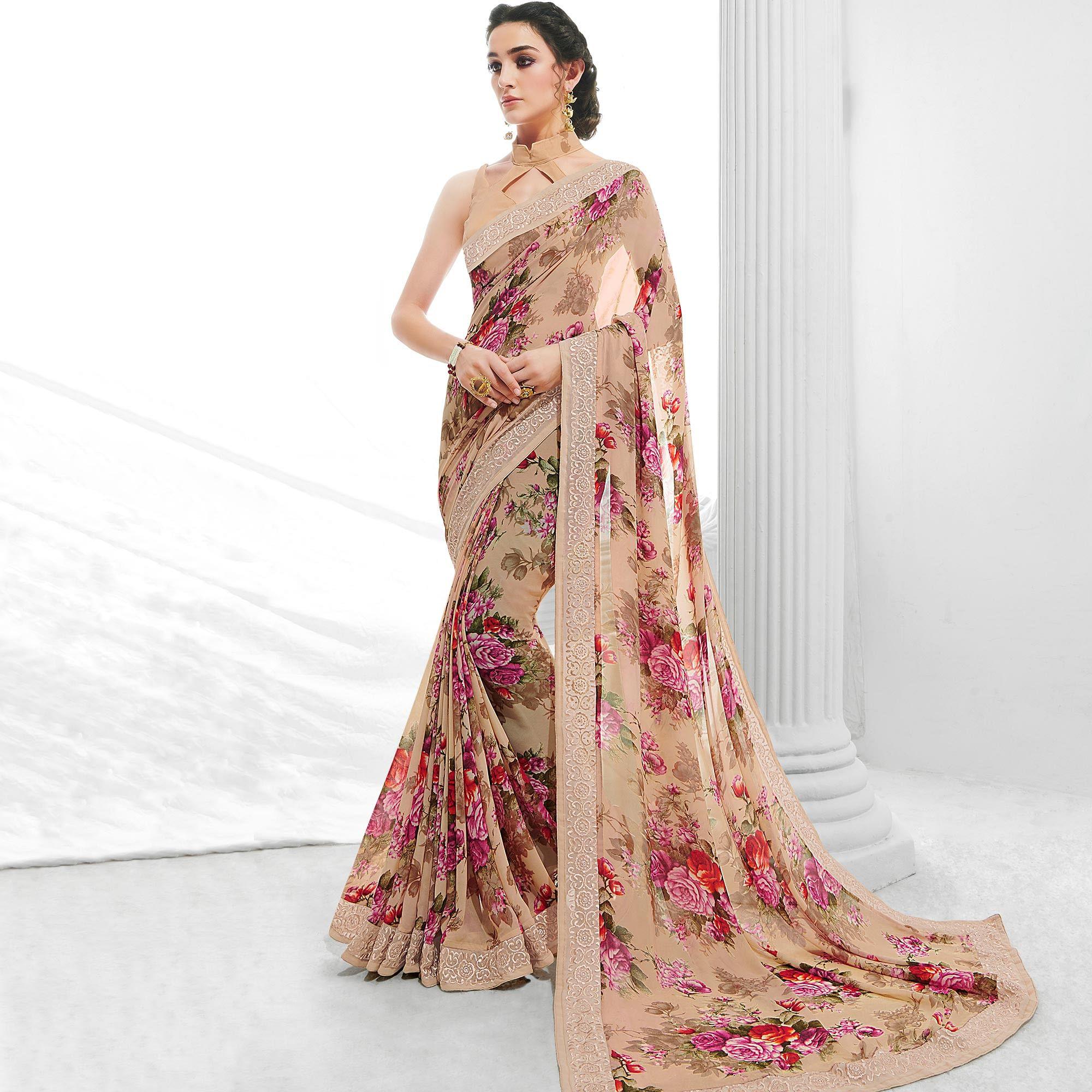 Attractive Light Peach Colored Partywear Printed Georgette Saree - Peachmode