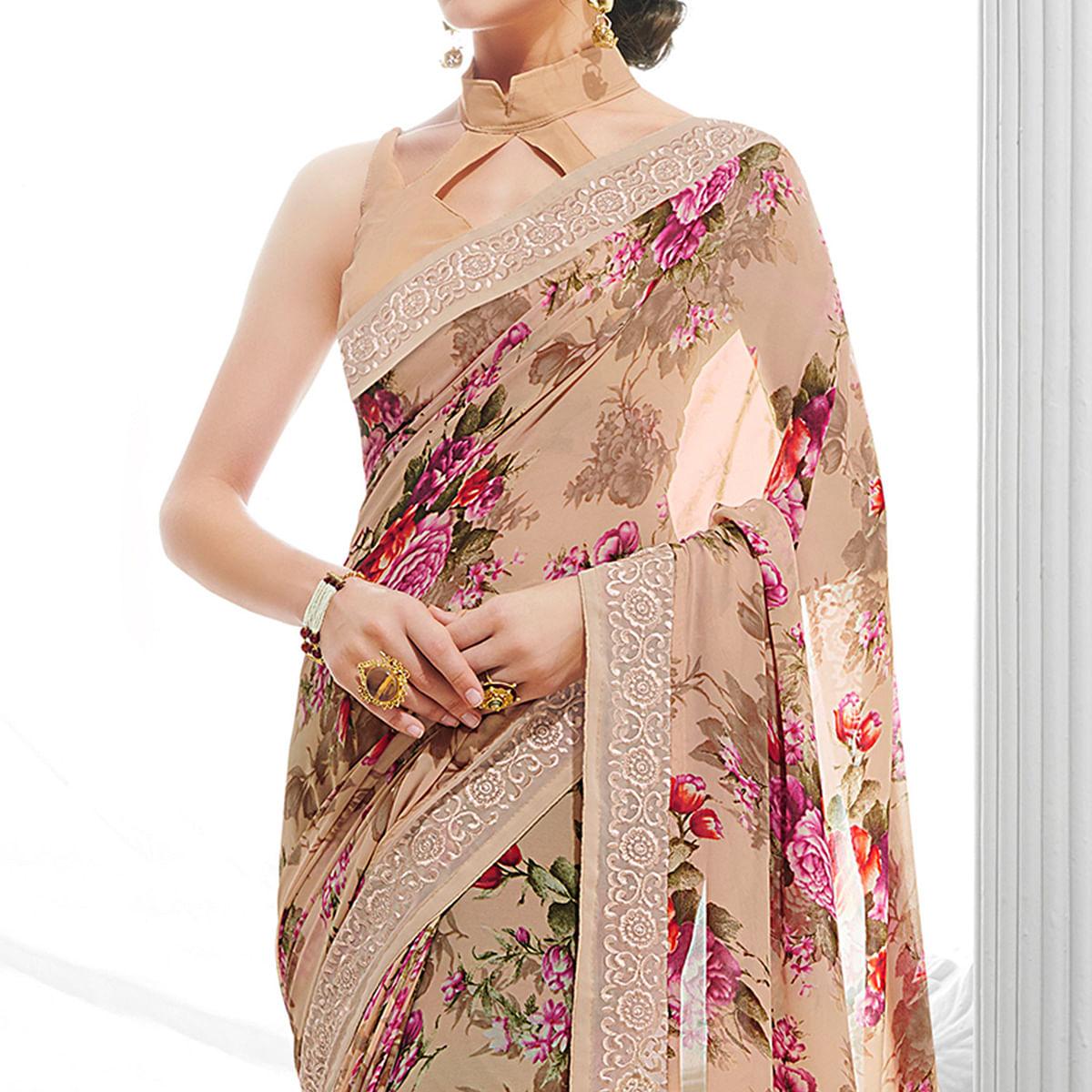 Attractive Light Peach Colored Partywear Printed Georgette Saree - Peachmode