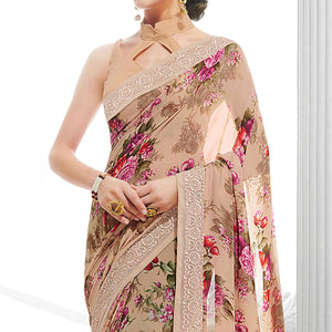 Attractive Light Peach Colored Partywear Printed Georgette Saree - Peachmode