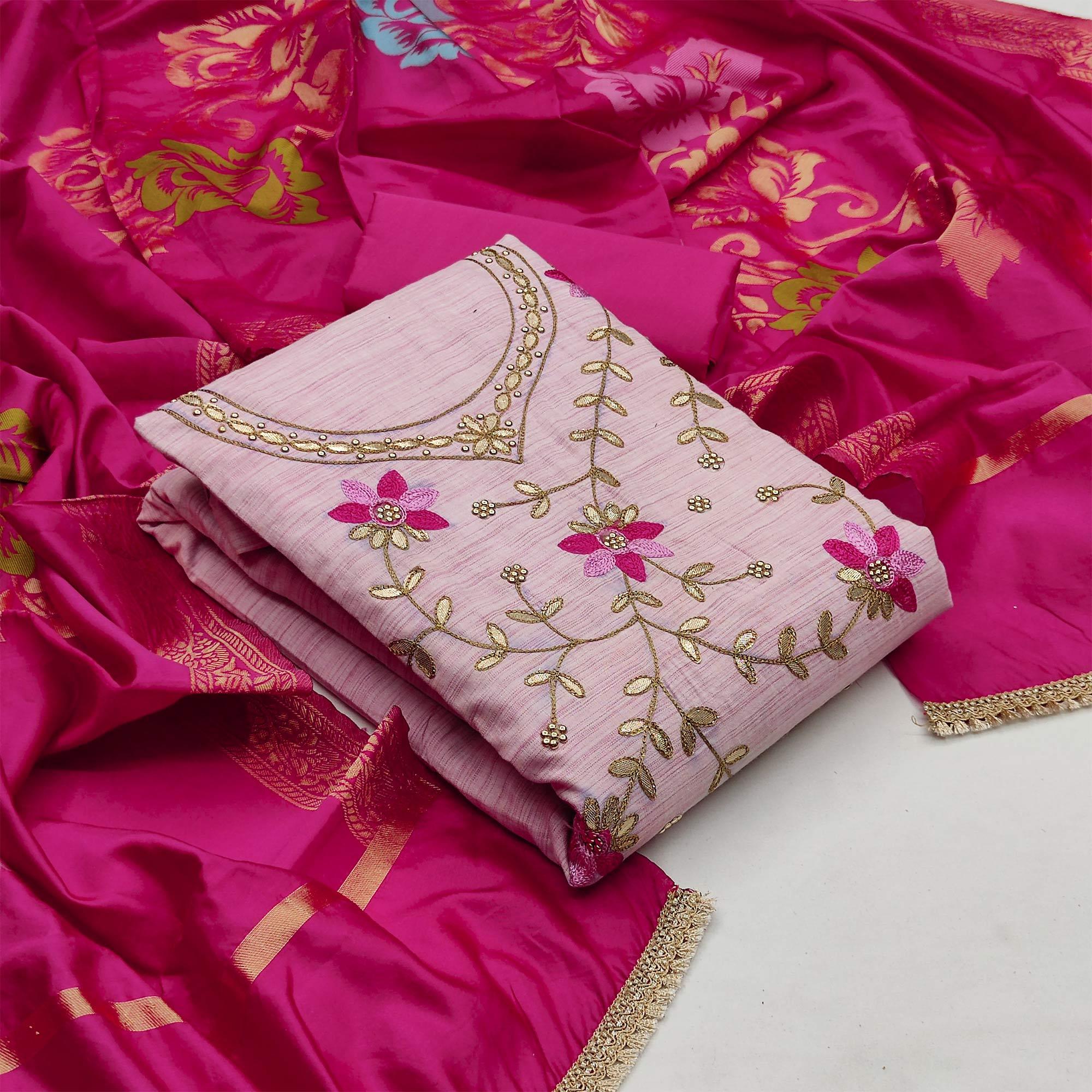 Attractive Light Pink Colored Festive Wear Embroidered Handloom Cotton Dress Material - Peachmode