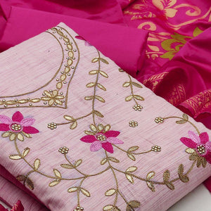 Attractive Light Pink Colored Festive Wear Embroidered Handloom Cotton Dress Material - Peachmode