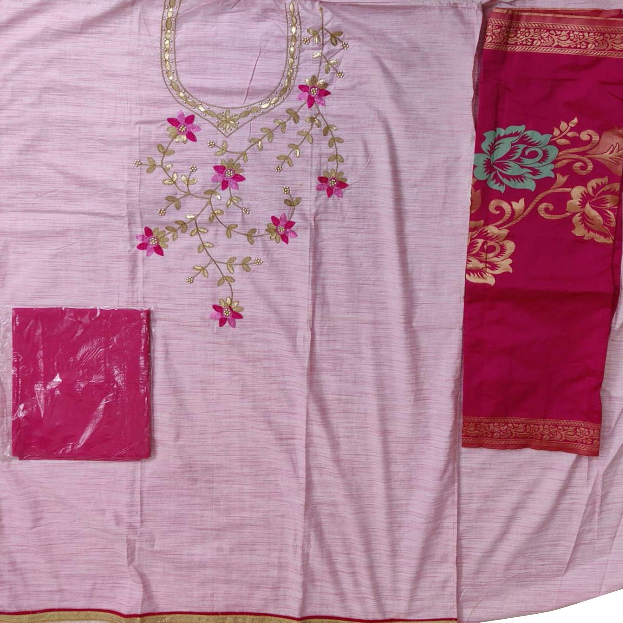 Attractive Light Pink Colored Festive Wear Embroidered Handloom Cotton Dress Material - Peachmode