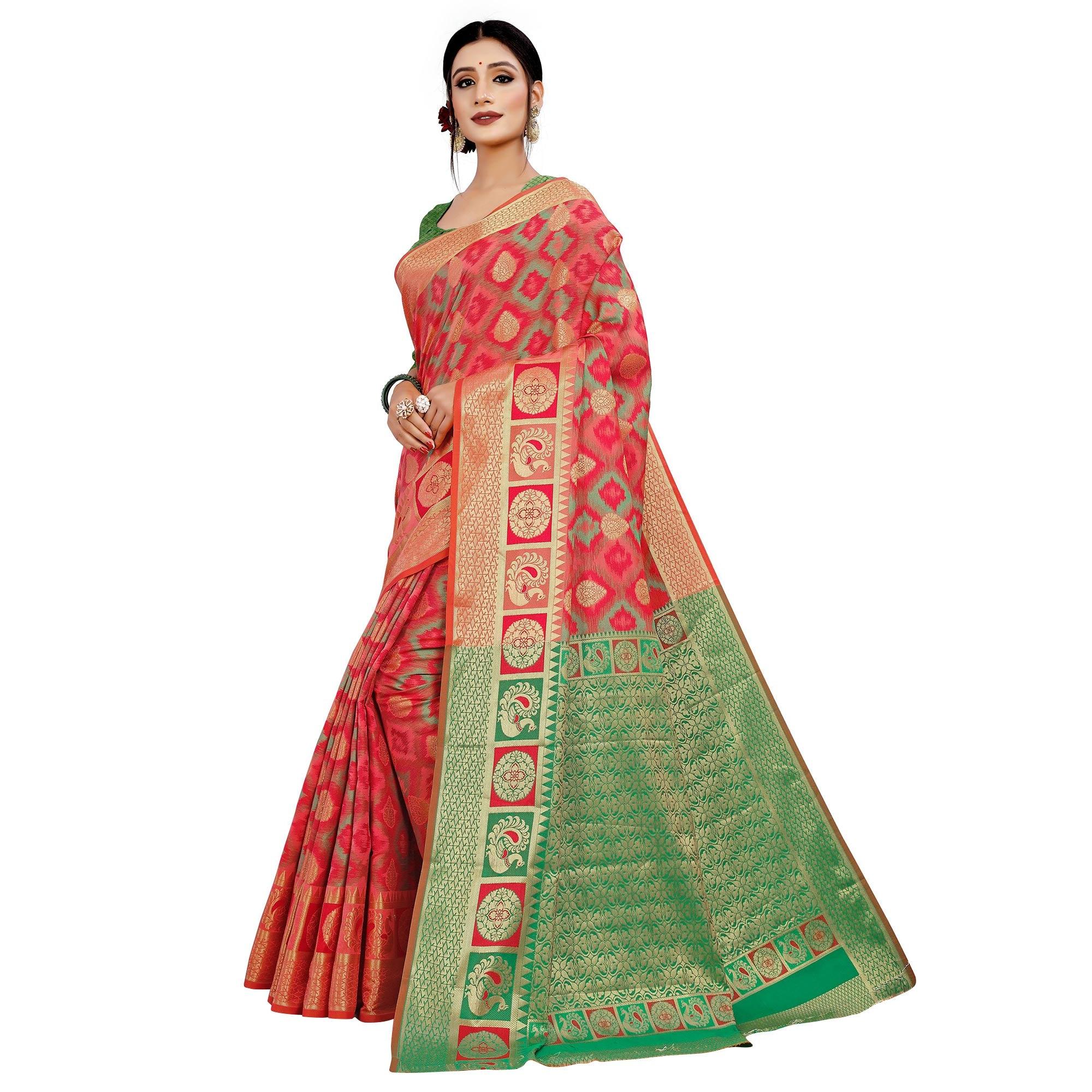 Attractive Light Pink Colored Festive Wear Woven Cotton Silk Saree - Peachmode