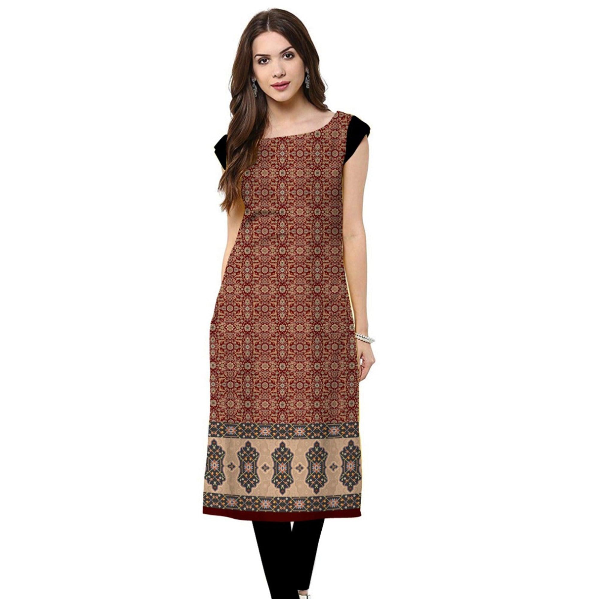 Attractive Maroon Colored Casual Printed Crepe Kurti - Peachmode