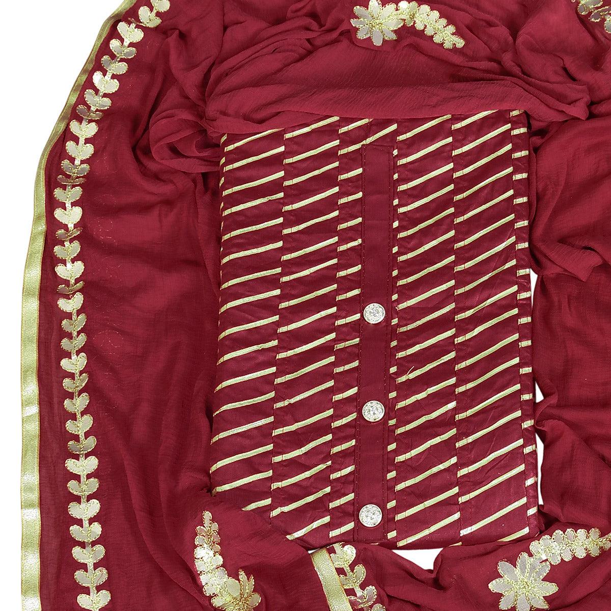 Attractive Maroon Colored Casual Wear Gotta Patti Worked Cotton Dress Material - Peachmode