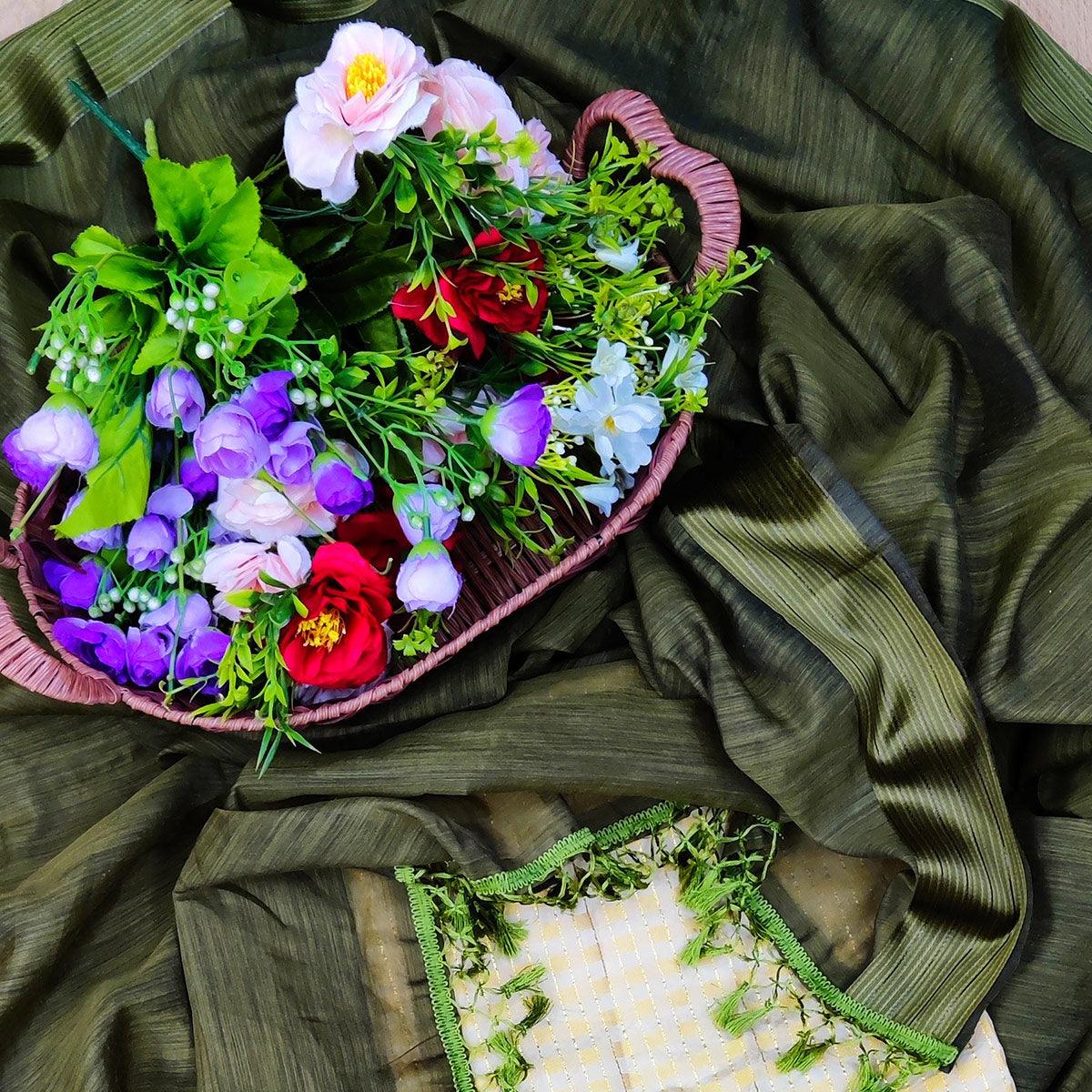Attractive Mehdi Colored Casual Wear Cotton With Soft Satin Border Saree - Peachmode