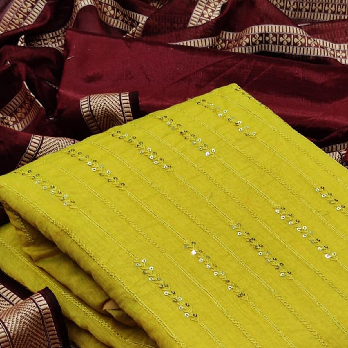 Attractive Mehendi Green Colored Casual Wear Embroidered Chanderi Dress Material - Peachmode