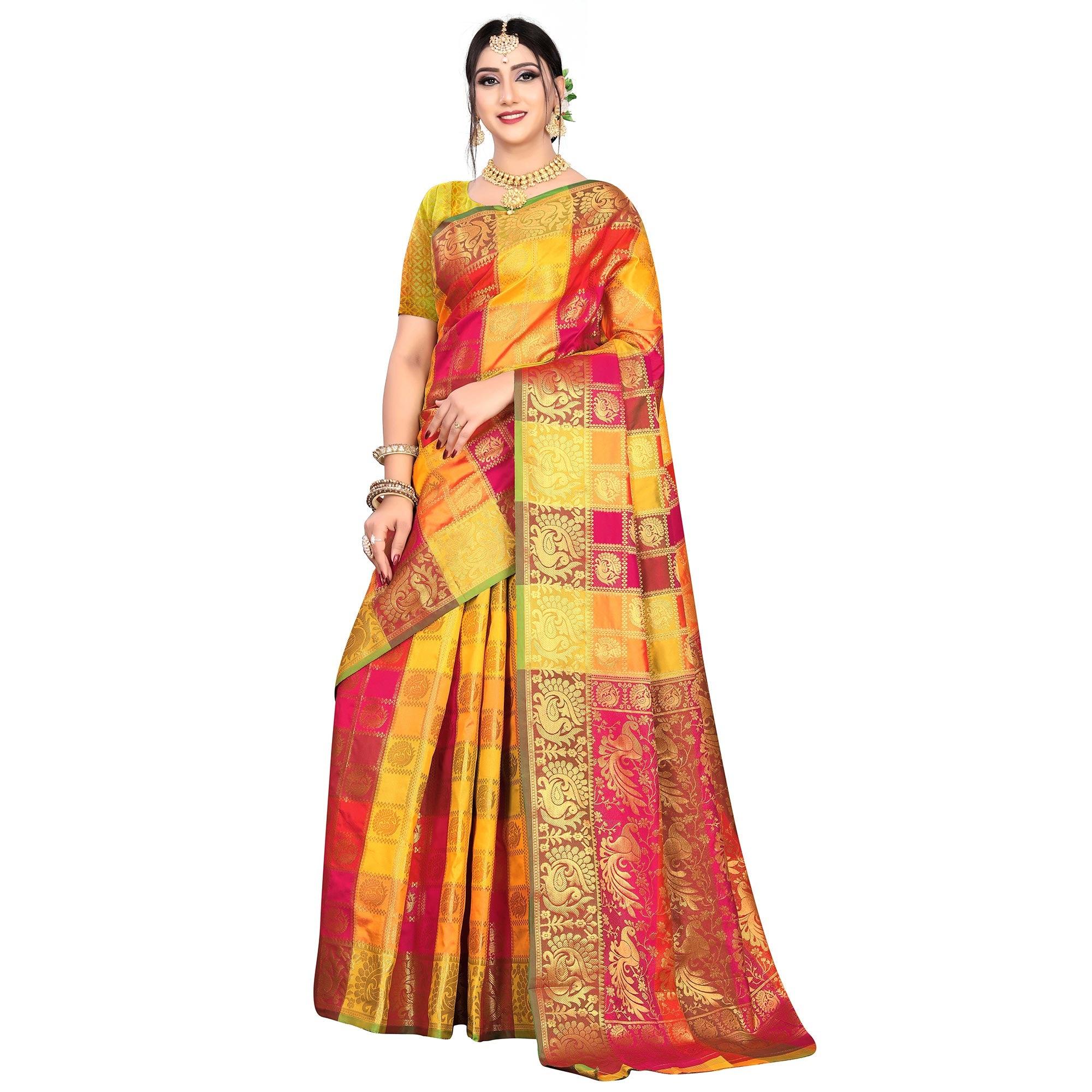 Attractive Multi Colored Festive Wear Woven Art Silk Saree - Peachmode