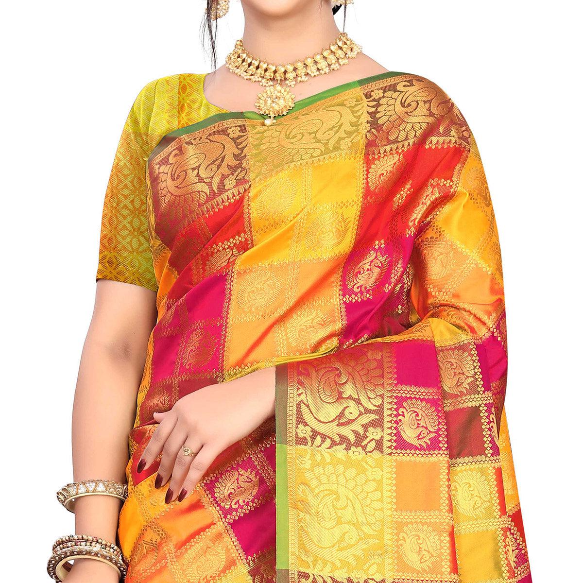 Attractive Multi Colored Festive Wear Woven Art Silk Saree - Peachmode