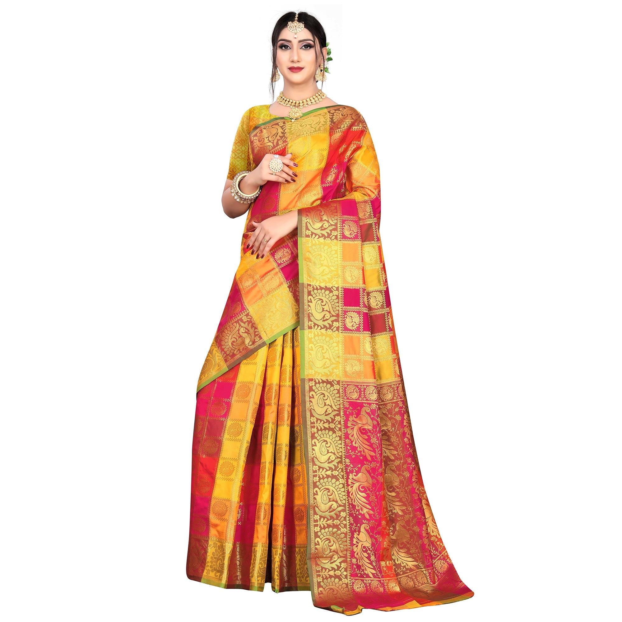 Attractive Multi Colored Festive Wear Woven Art Silk Saree - Peachmode