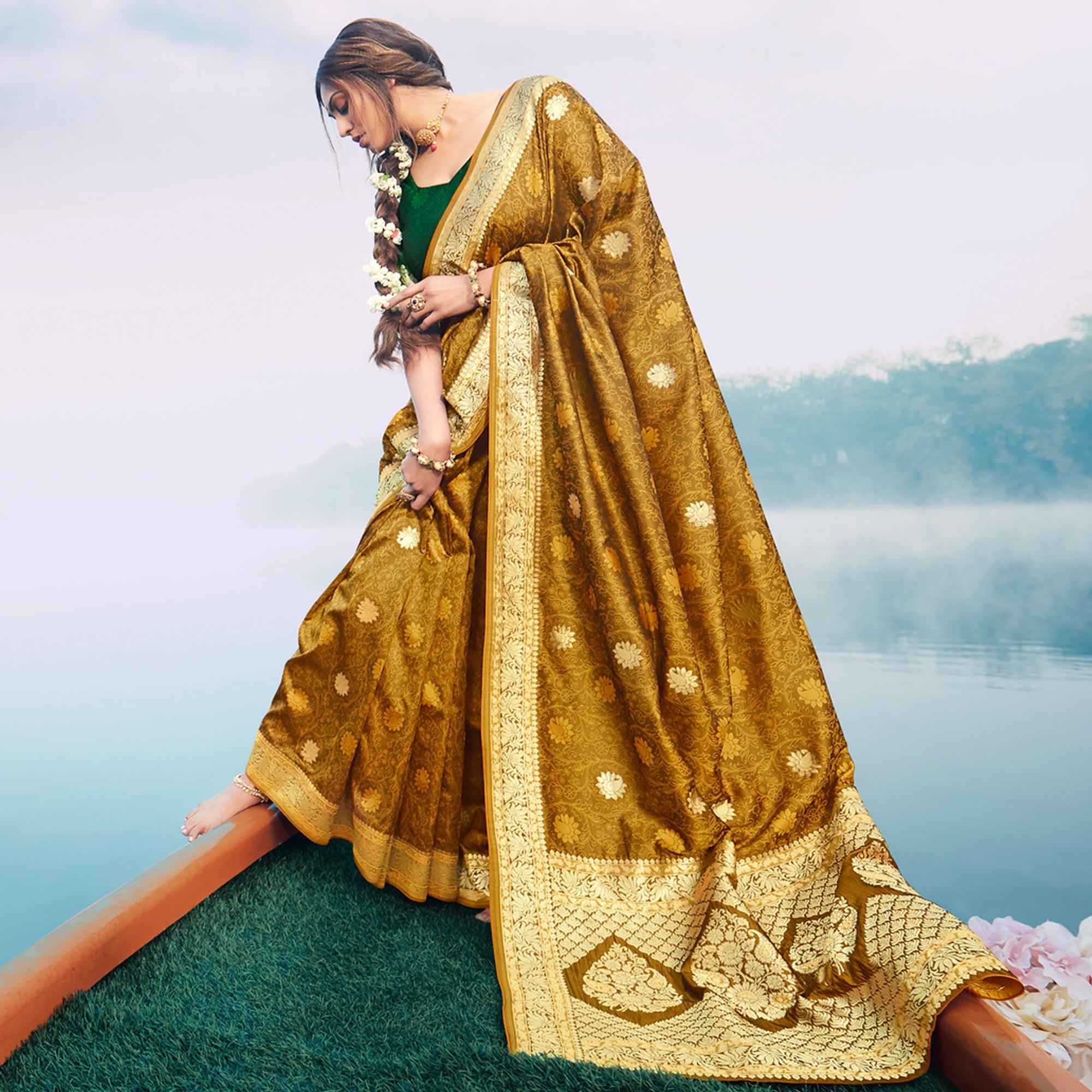 Attractive Mustard Colored Festive Wear Woven Banarasi Silk Saree - Peachmode