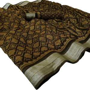 Attractive Mustard Yellow Brown Colored Casual Wear Floral Printed Linen Saree - Peachmode