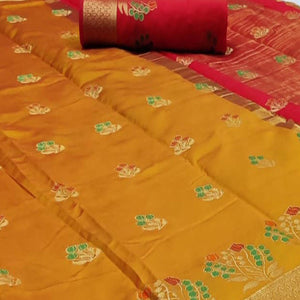 Attractive Mustard-Yellow Colored Festive Wear Woven Soft Silk Saree - Peachmode
