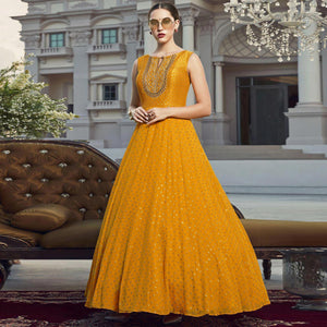 Attractive Musterd Colored Partywear Designer Handwork Heavy soft viscose Georgette Anarkali Style Suit - Peachmode