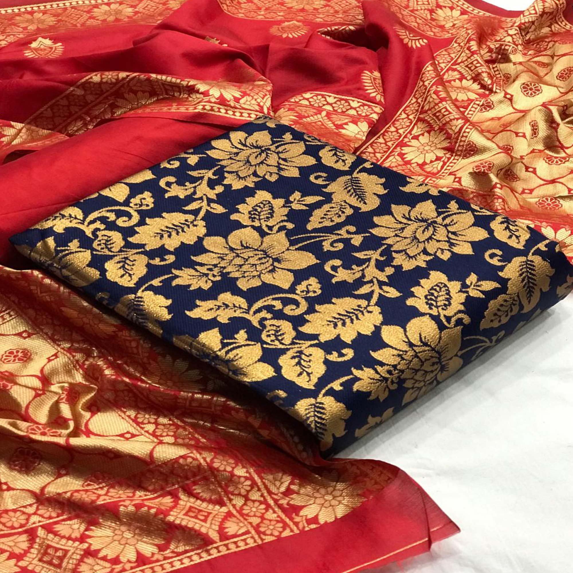 Attractive Navy Blue Colored Casual Wear Woven Banarasi Silk Dress Material - Peachmode