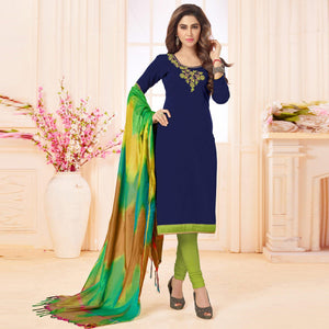 Attractive Navy Blue Colored Embroidered Khadi Silk Dress Material - Peachmode