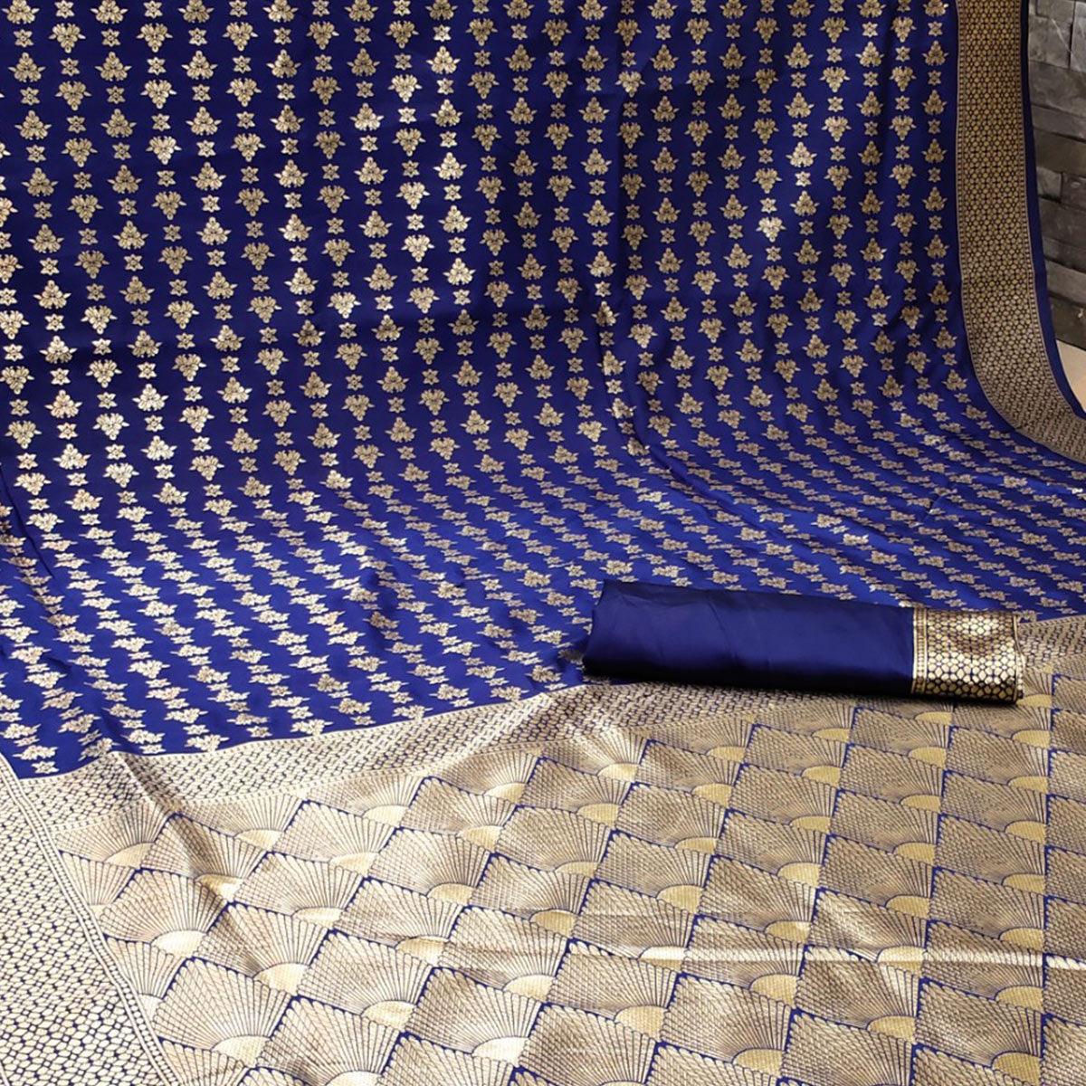 Attractive Navy Blue Colored Festive Wear Woven Banarasi Silk Saree - Peachmode