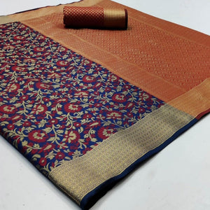 Attractive Navy Blue Colored Festive Wear Woven Patola Silk Saree - Peachmode