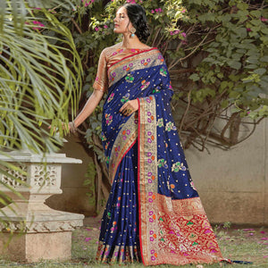 Attractive Navy Blue Colored Festive Wear Woven Silk Saree - Peachmode