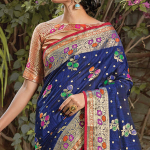 Attractive Navy Blue Colored Festive Wear Woven Silk Saree - Peachmode