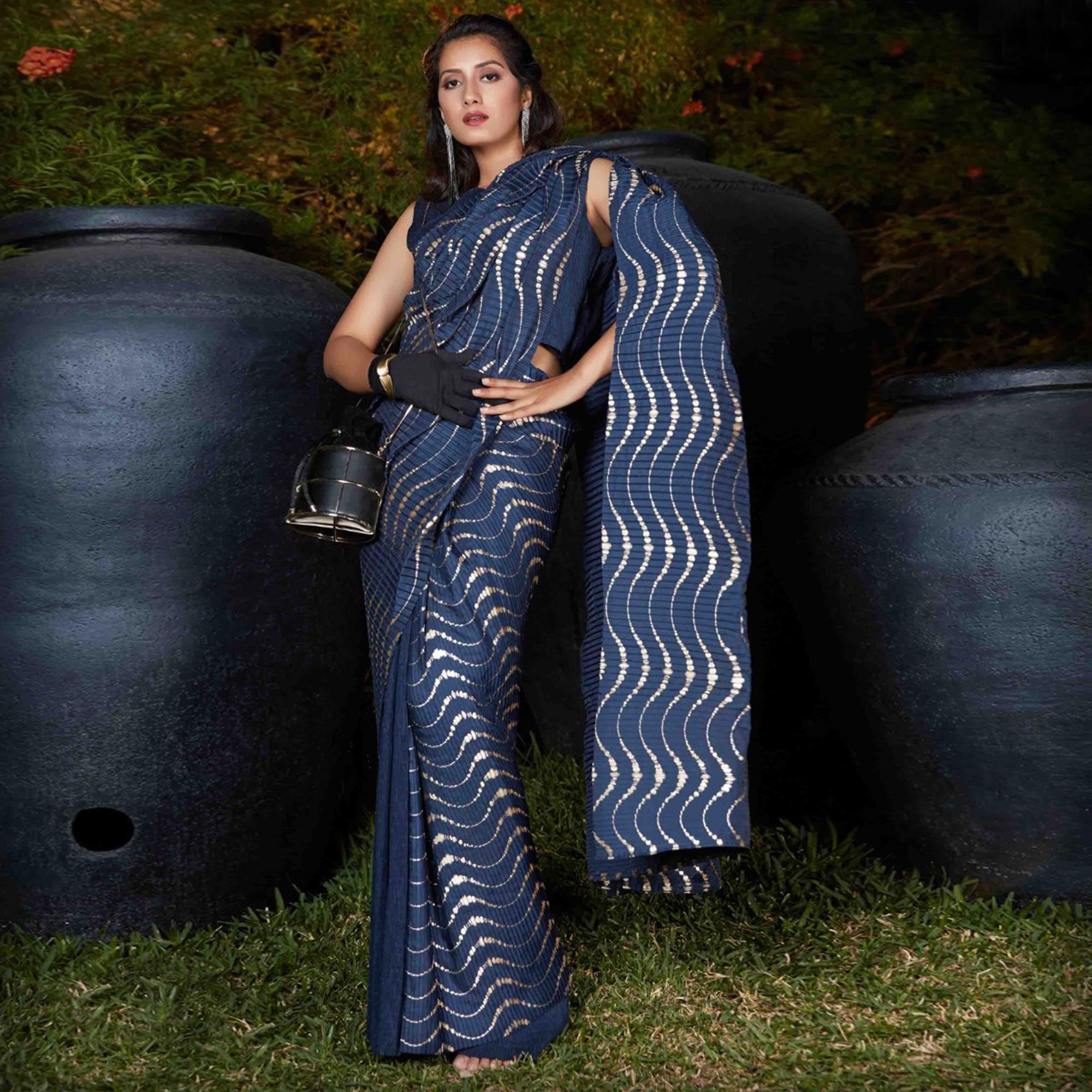 Attractive Navy Blue Colored Party Wear Foil Print With Plitting Half- Half Silk Saree - Peachmode