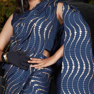 Attractive Navy Blue Colored Party Wear Foil Print With Plitting Half- Half Silk Saree - Peachmode
