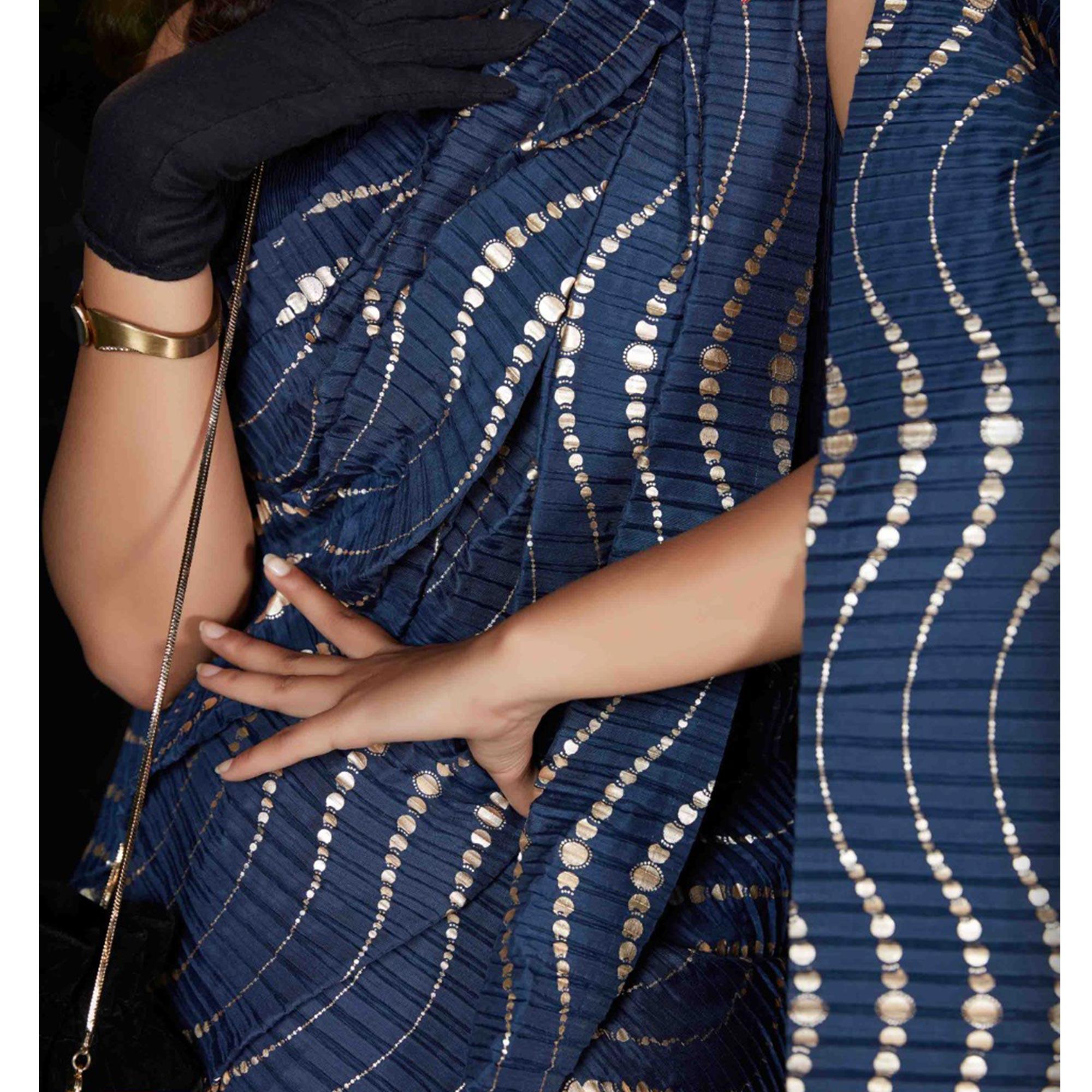 Attractive Navy Blue Colored Party Wear Foil Print With Plitting Half- Half Silk Saree - Peachmode