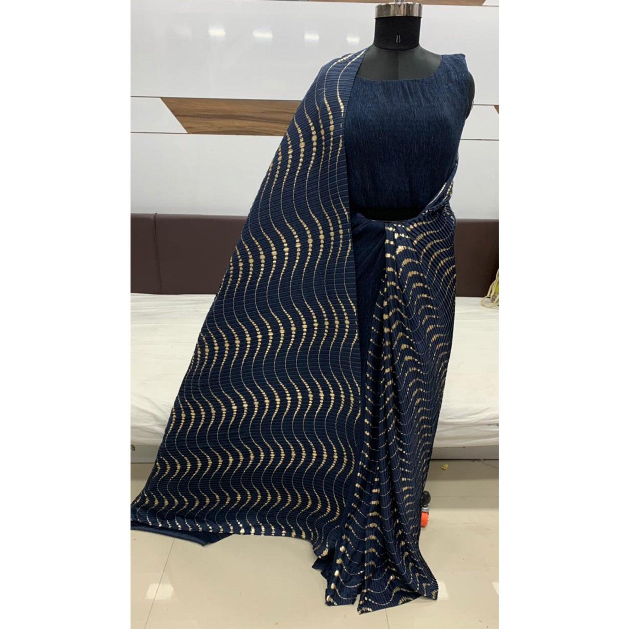 Attractive Navy Blue Colored Party Wear Foil Print With Plitting Half- Half Silk Saree - Peachmode