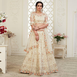 Attractive Off White Colored Cording Thread & Sequence Embroidery Designer Wedding Wear Net With Banglori Silk Lehenga Choli - Peachmode
