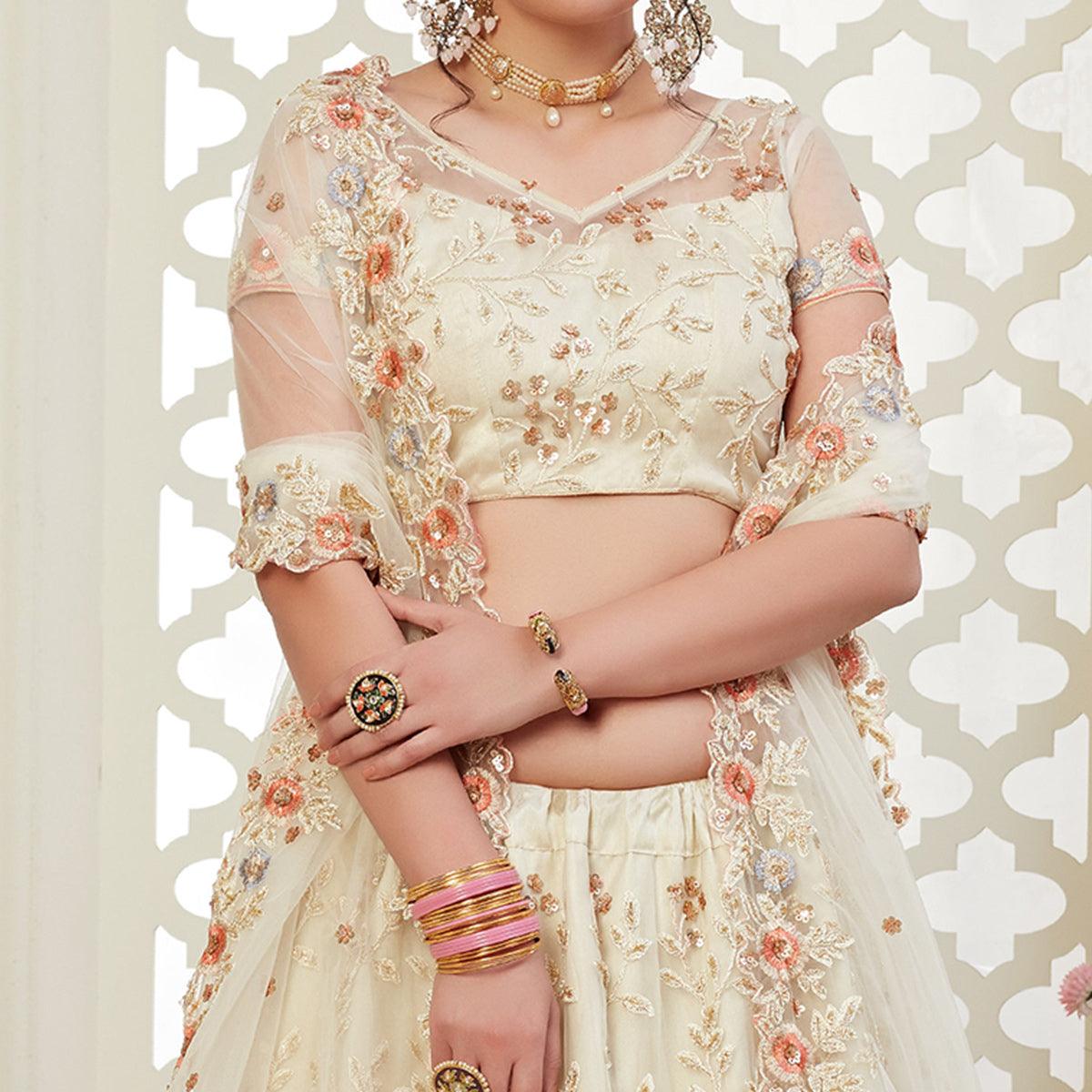 Attractive Off White Colored Cording Thread & Sequence Embroidery Designer Wedding Wear Net With Banglori Silk Lehenga Choli - Peachmode
