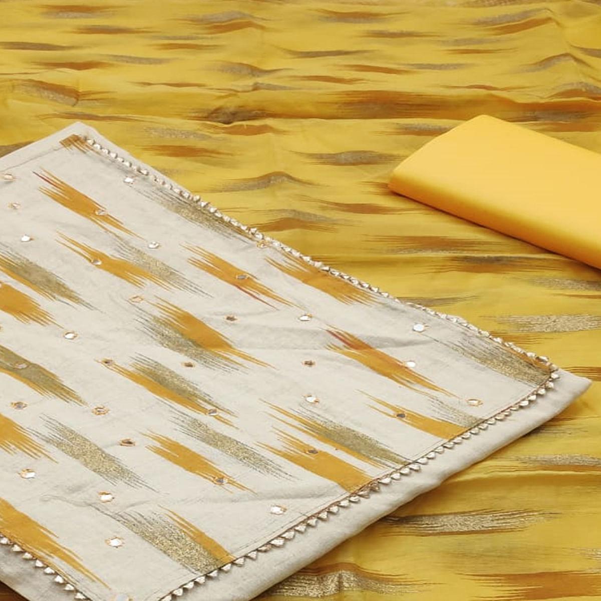 Attractive Offwhite - Yellow Colored Casual Wear Printed Khadi Dress Material - Peachmode