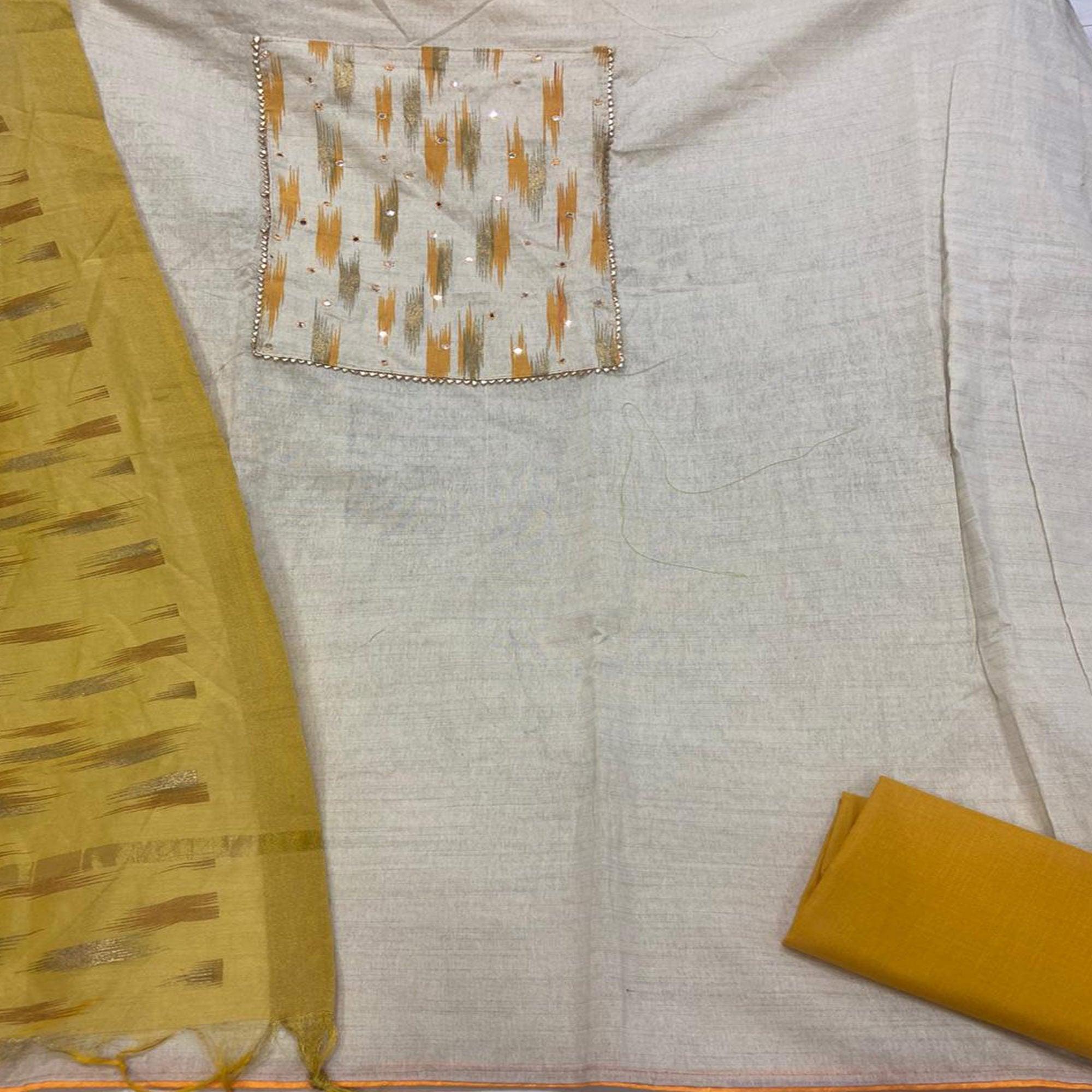 Attractive Offwhite - Yellow Colored Casual Wear Printed Khadi Dress Material - Peachmode