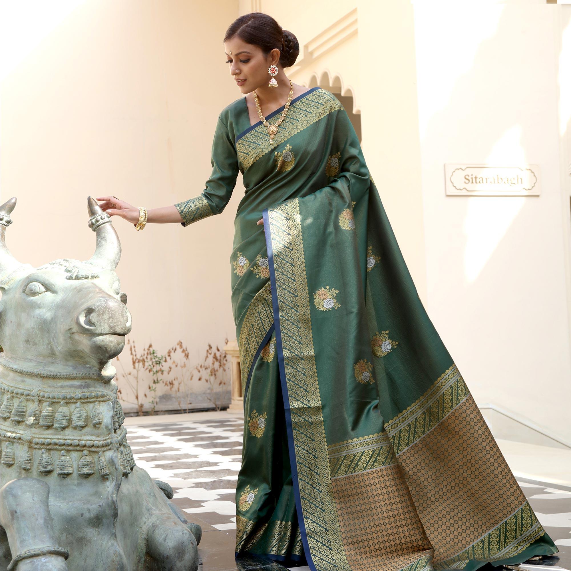 Attractive Olive Green Colored Festive Wear Woven Fancy Silk Saree - Peachmode