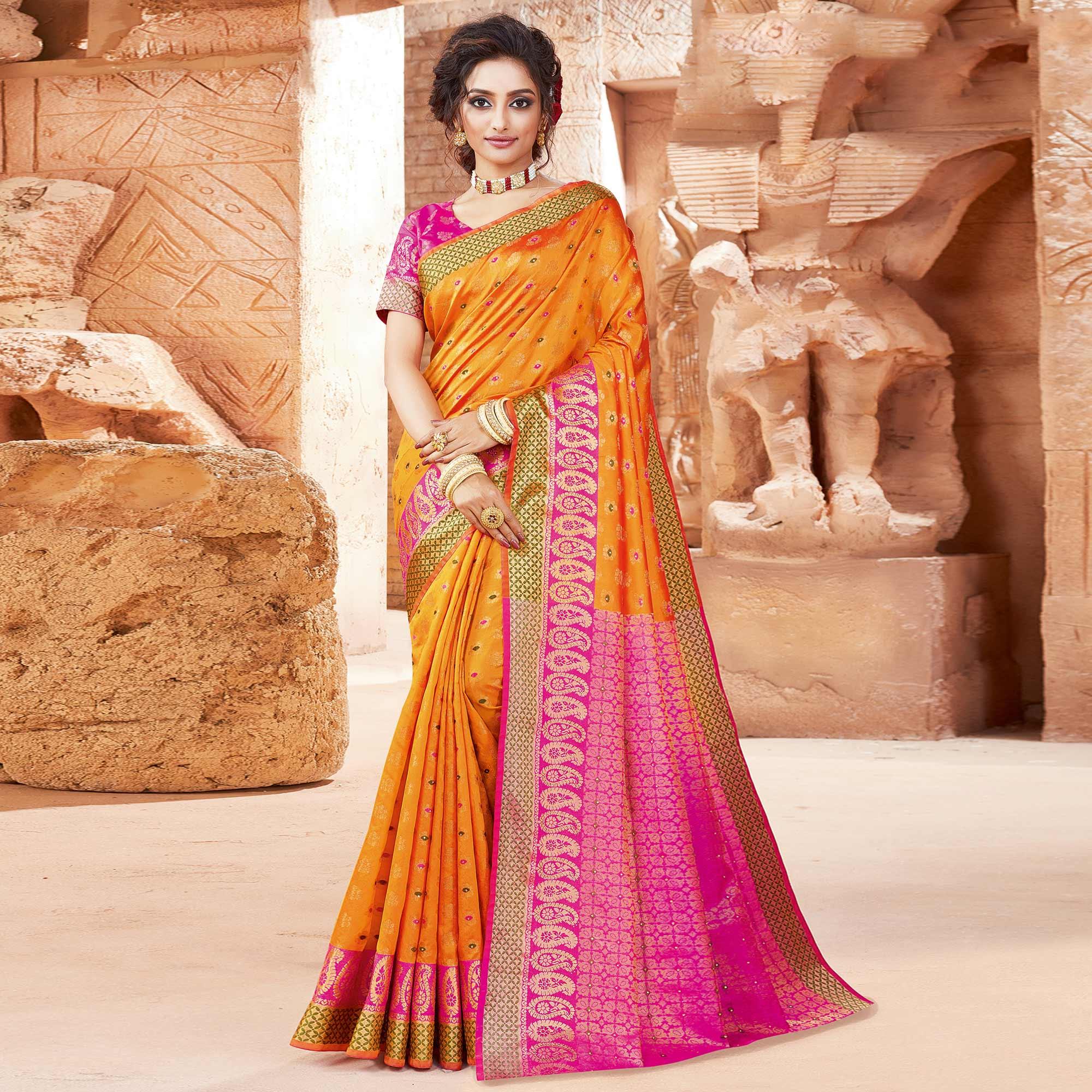 Attractive Orange Colored Festive Wear Woven Handloom Silk Saree - Peachmode