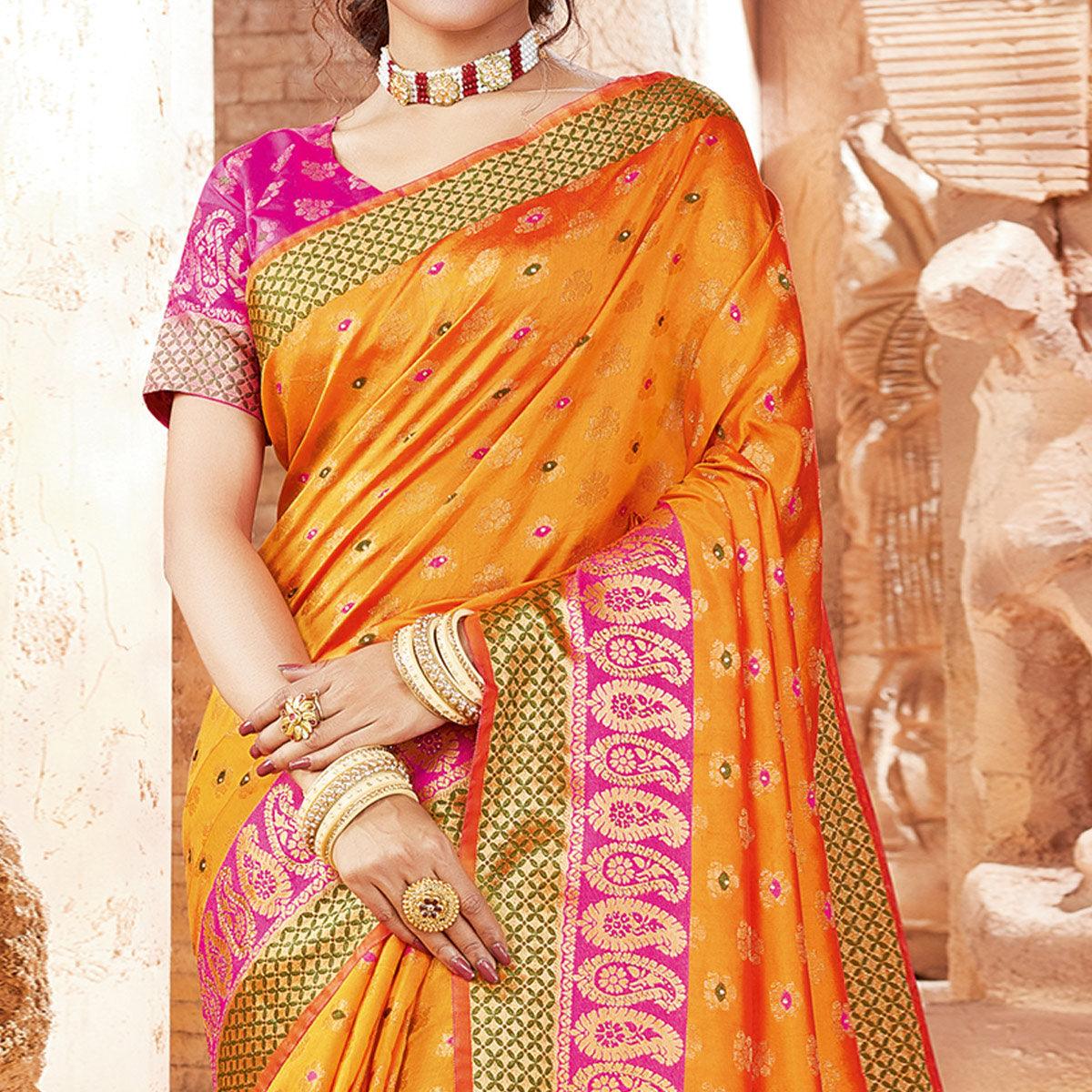 Attractive Orange Colored Festive Wear Woven Handloom Silk Saree - Peachmode