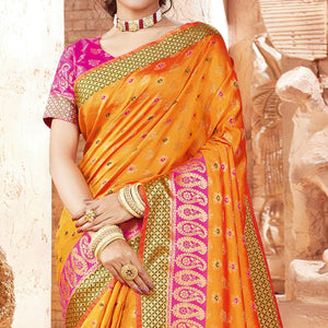 Attractive Orange Colored Festive Wear Woven Handloom Silk Saree - Peachmode