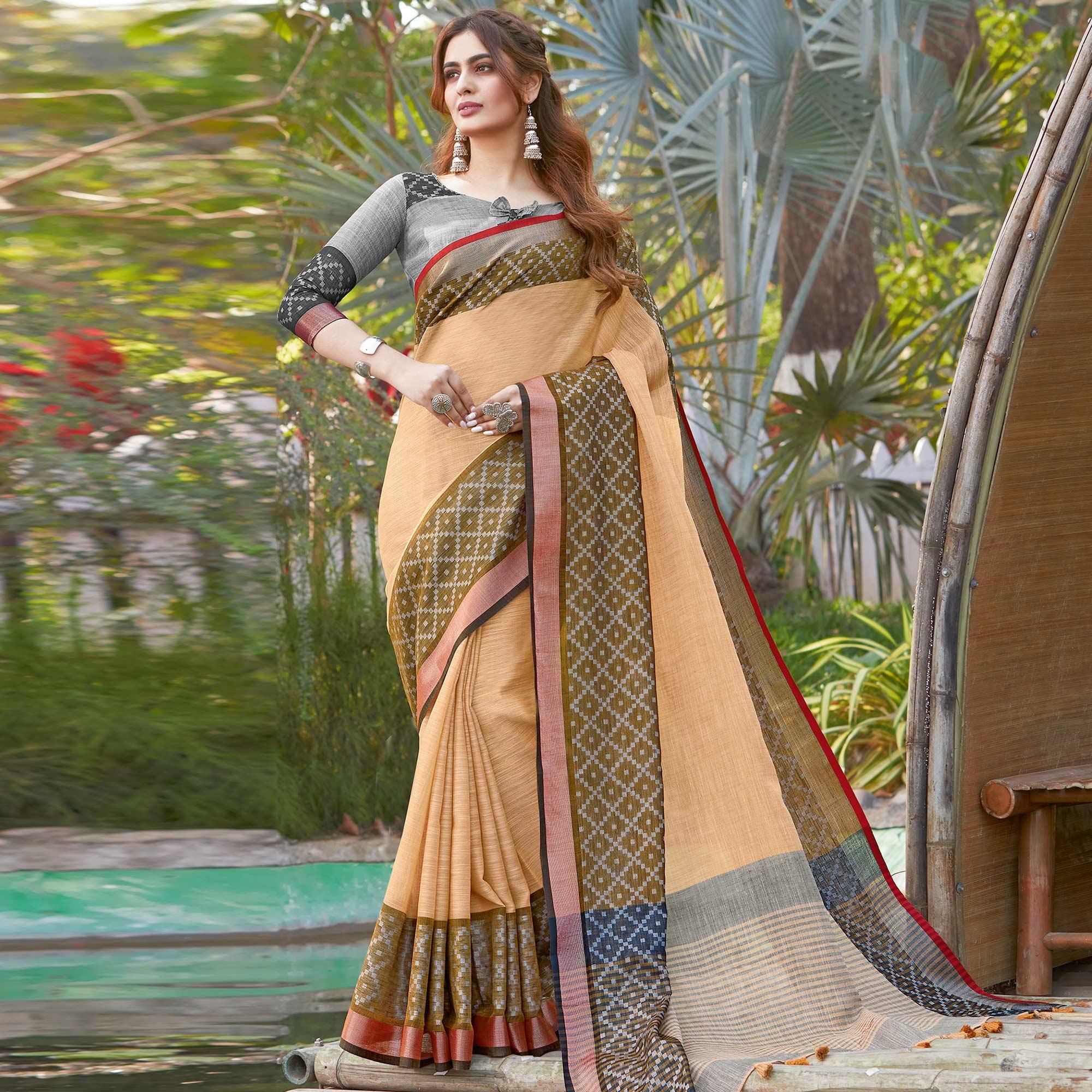 Attractive Orange Colored Festive Wear Woven Linen Saree - Peachmode
