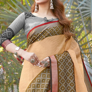 Attractive Orange Colored Festive Wear Woven Linen Saree - Peachmode