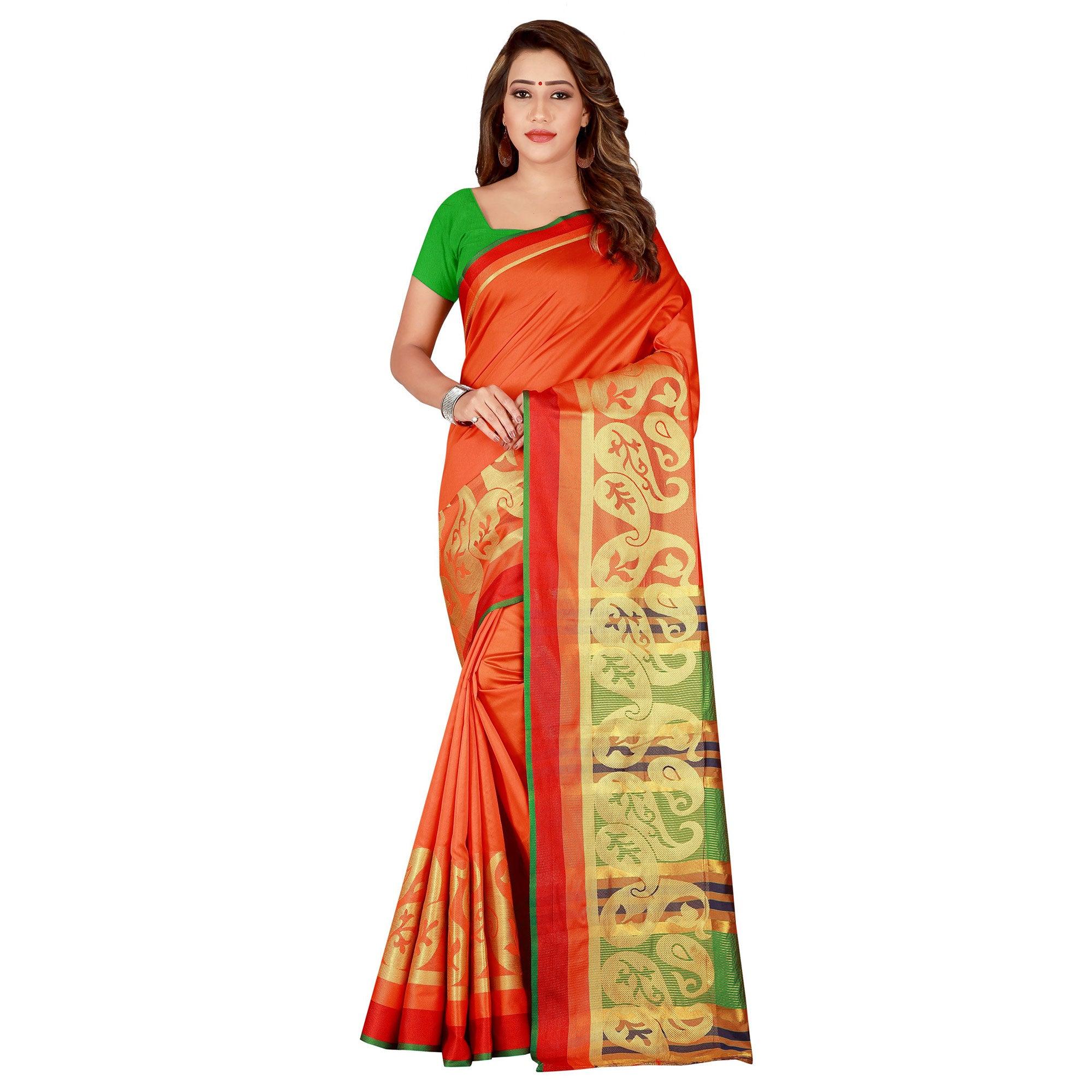 Attractive Orange Colored Festive Wear Woven Silk Saree - Peachmode