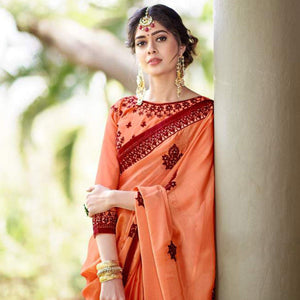 Attractive Orange Colored Partywear Embroidered Georgette Saree - Peachmode
