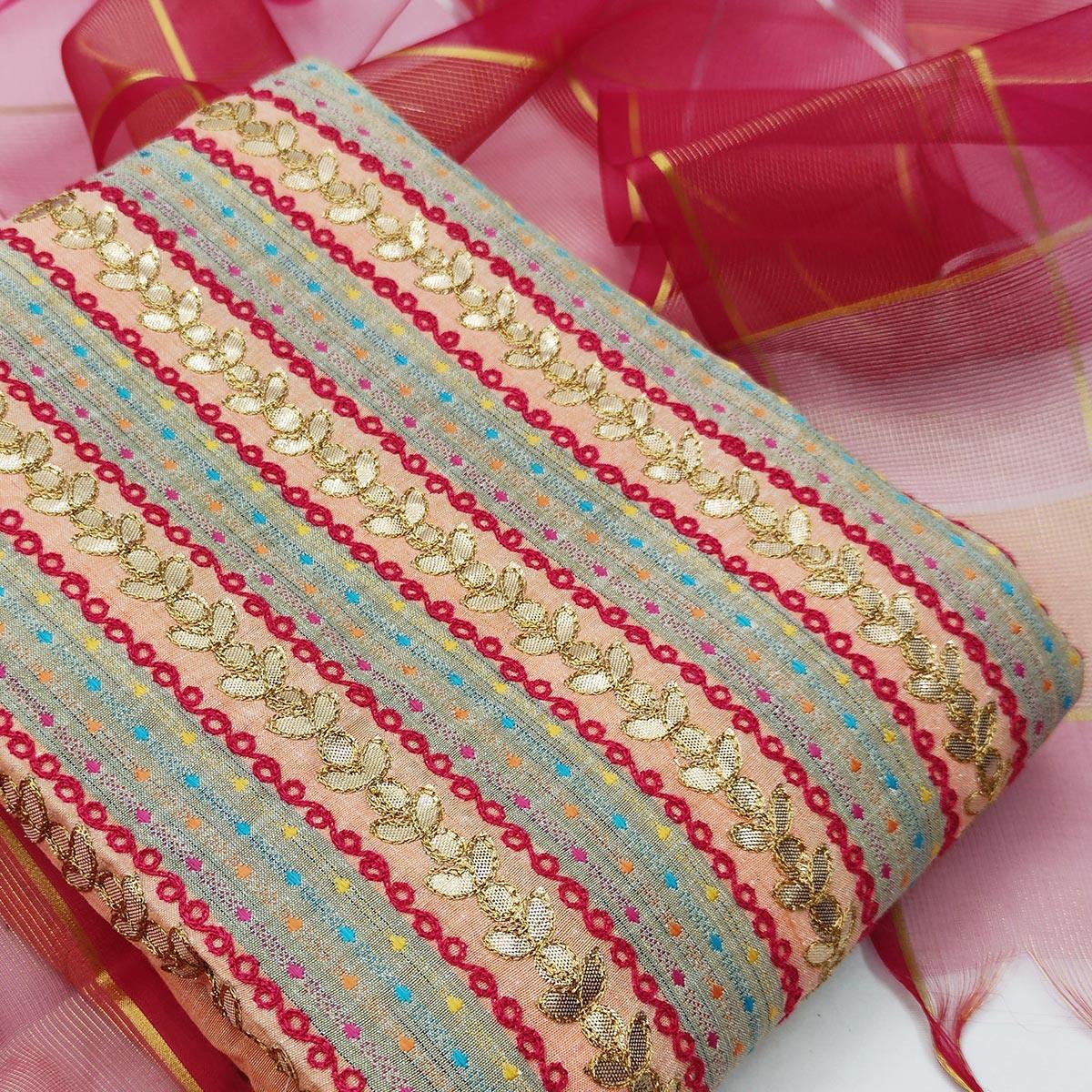 Attractive Peach Colored Casual Embroidered Cotton Dress Material - Peachmode