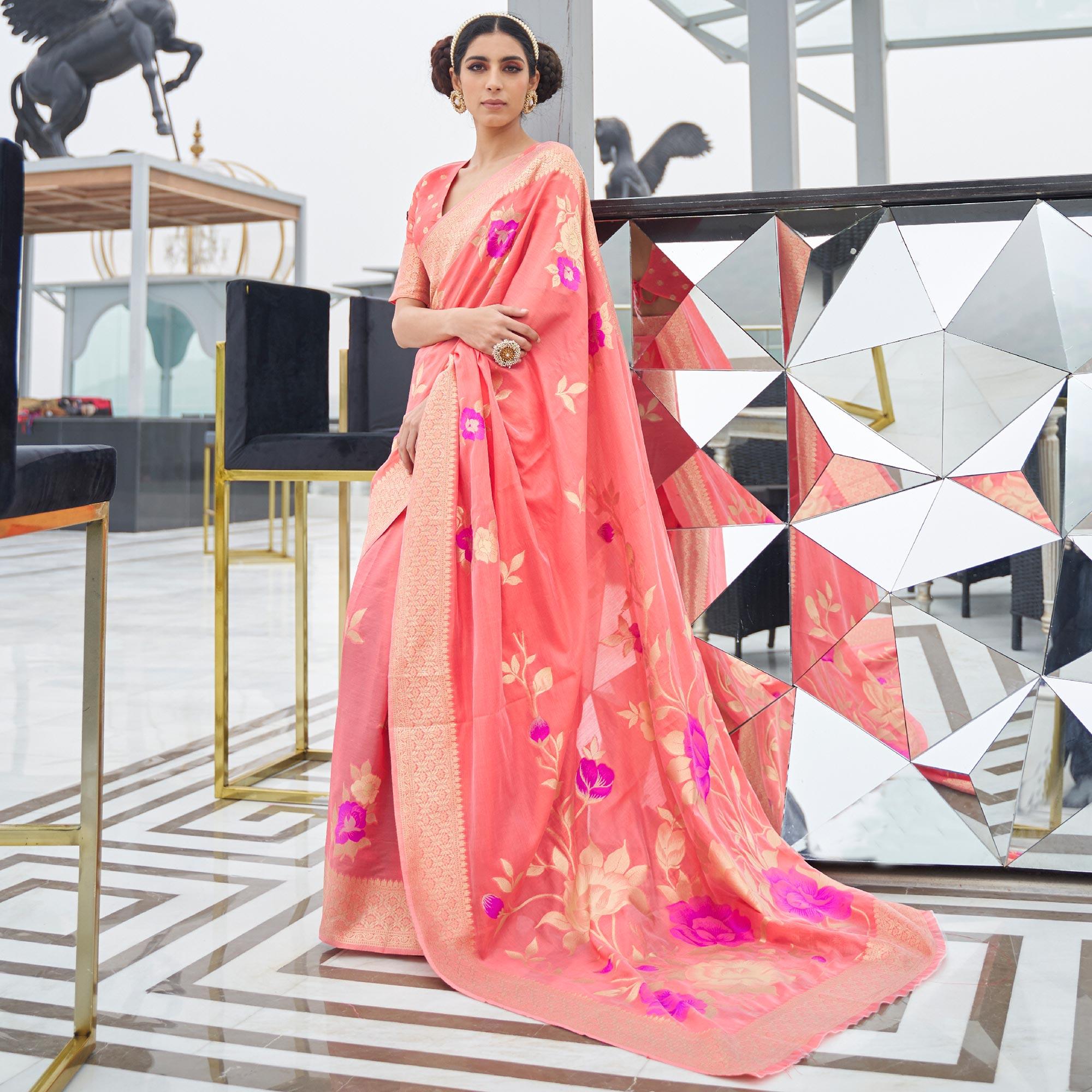 Attractive Peach Colored Festive Wear Printed Dola Weaving Art Silk Saree - Peachmode
